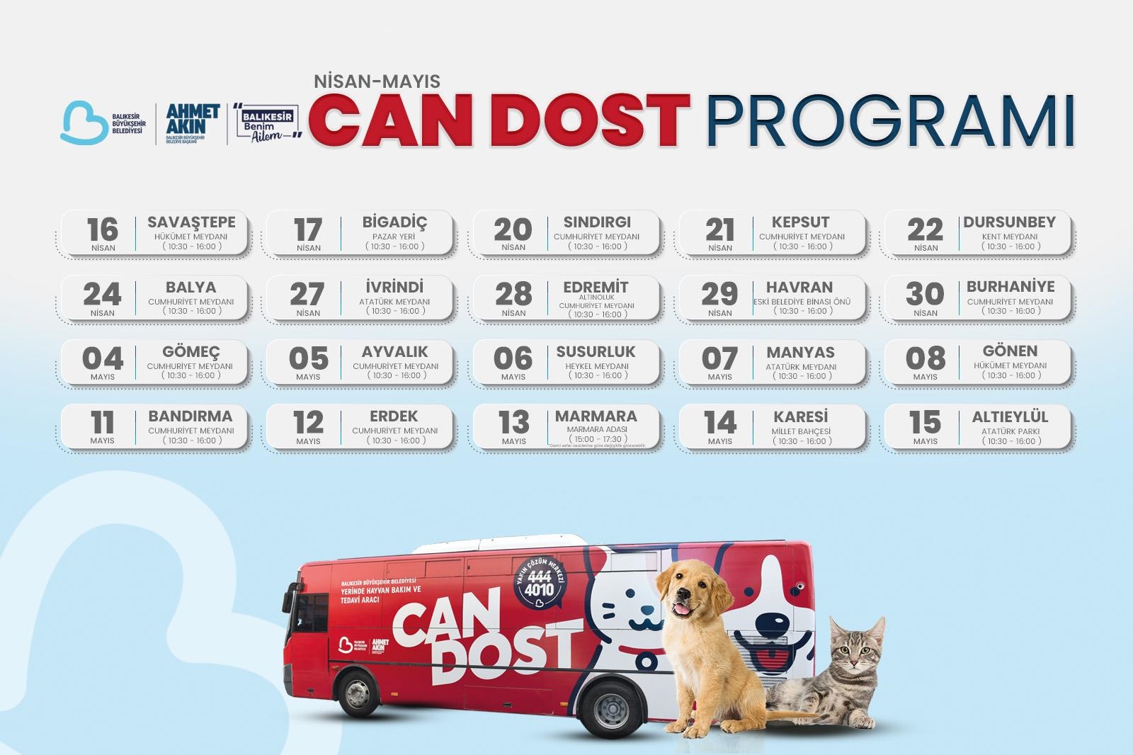 Can Dost Yerinde Hayvan Bakım ve Tedavi Aracı’nın Nisan-Mayıs Programı Belli Oldu